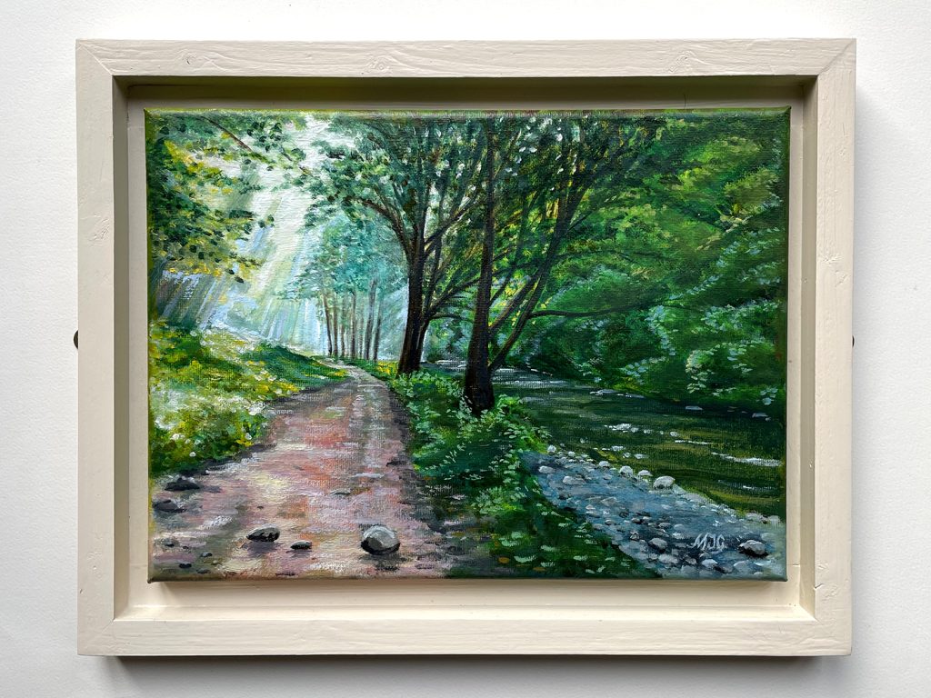 Original oil painting of riverside path. Oil on canvas. Framed.